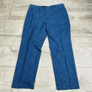 Proper Cloth Dress Pants Mens 36x30 Slim Blue Wool Linen Twill Trousers Tailored